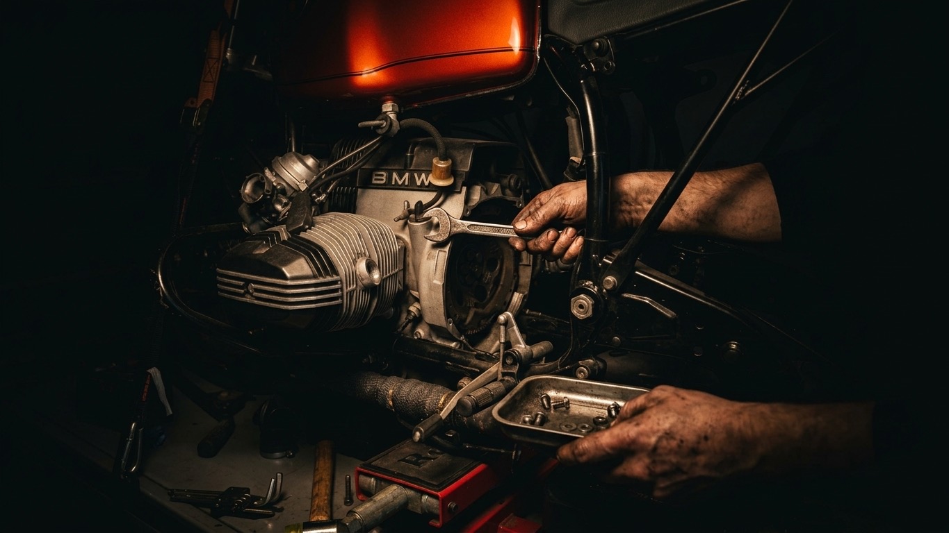 Ein Mechaniker zieht mit dem Gabelschlüssel eine Schraube am Boxermotor einer BMW fest