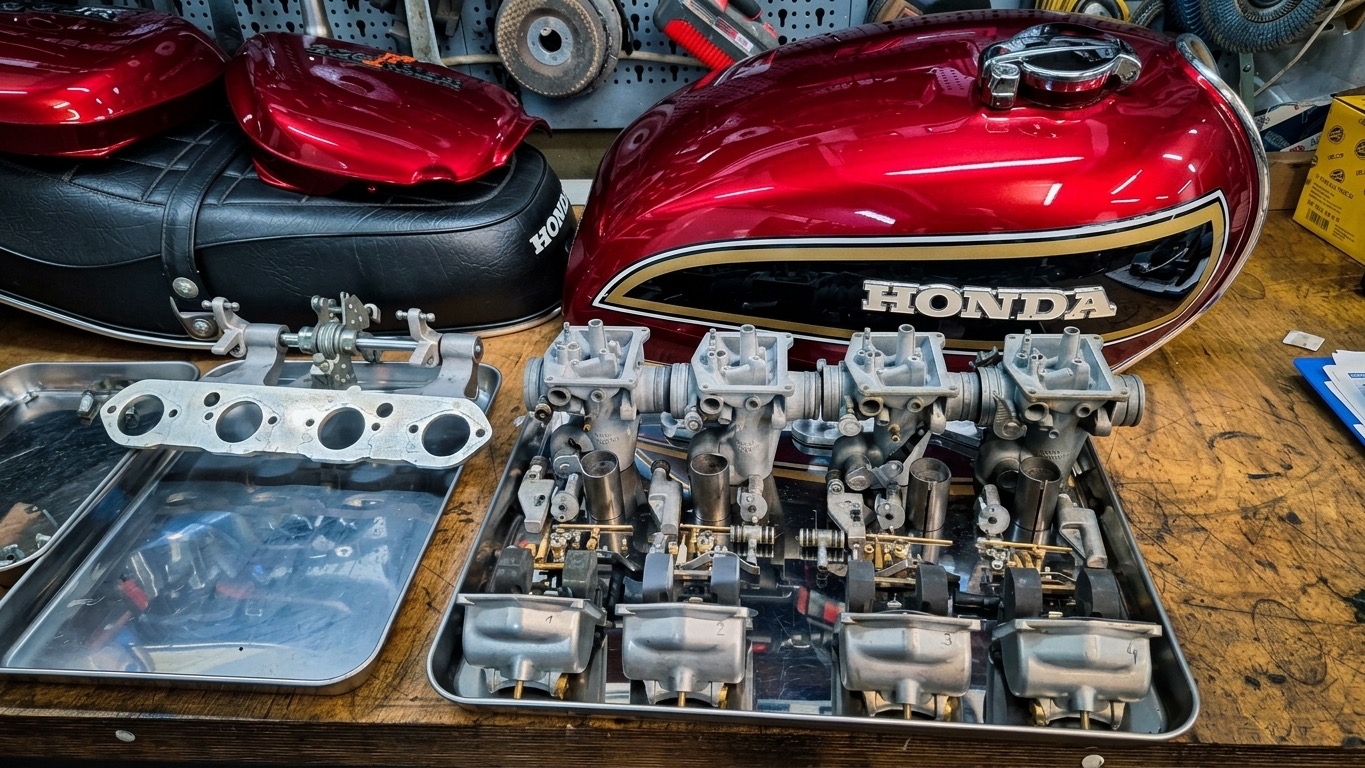 Überholte Vergaserbatterie einer Honda auf der Werkbank, dahinter der rot lackierte Tank